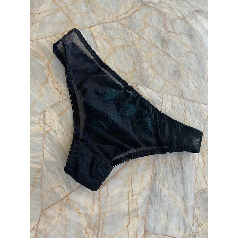 Black Sheer Mesh Bikini Panty Teal Peacock Feather Embroidered Lingerie Mid Rise